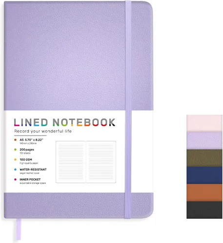 Vista 8 de Cuaderno diario rayado para mujeres y hombres, 200 páginas A5 diarios de tapa dura de cuero para escribir, viajes, escuela, oficina, trabajo, Negro