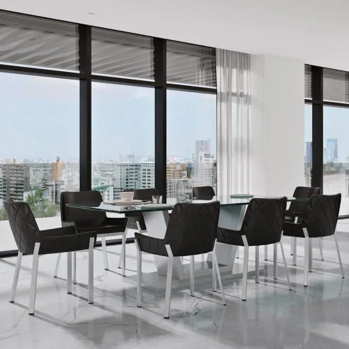 Vista 3 de Zuri Muebles Sydney Silla de comedor de cuero sintético negro con patas de acero inoxidable cepillado