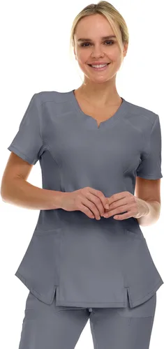 Vista 13 de MediChic Scrubs Top Quirúrgico para Mujer con Cuello en V con Muesca Elástico de Moda con Dos Bolsillos, Tela Flex de Fácil Cuidado Blanco