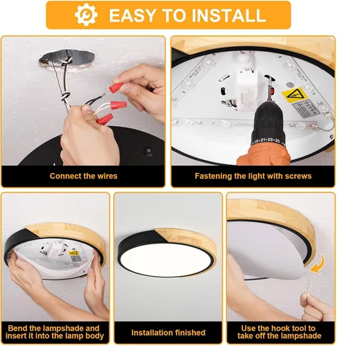 Vista 10 de Lámpara de techo LED moderna, lámpara de techo minimalista de madera empotrada, 4000 K no regulable, lámpara de iluminación circular con pantalla
