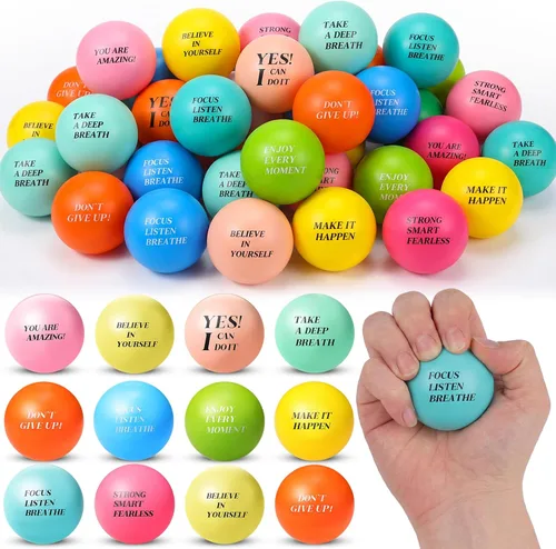 Vista 11 de Sotiff 100 bolas de estrés a granel para adultos, espuma colorida para aliviar el estrés, juguetes de regalo con citas motivacionales, bolas