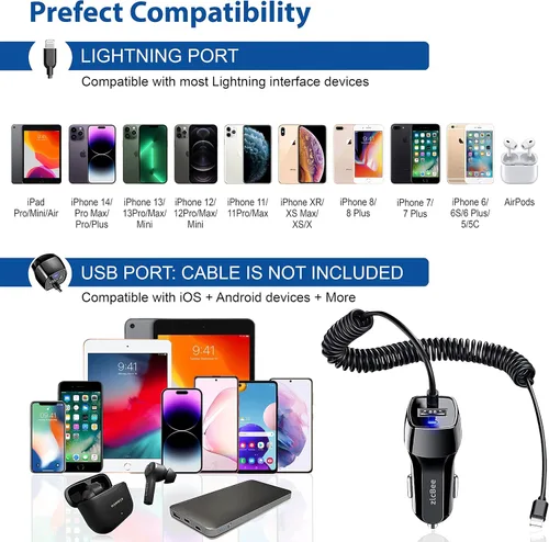 Vista 7 de Cargador de coche para iPhone, 3.6A/18W, cable en espiral integrado de 4.9 pies, adaptador de enchufe de encendedor de cigarrillos de carga rápida