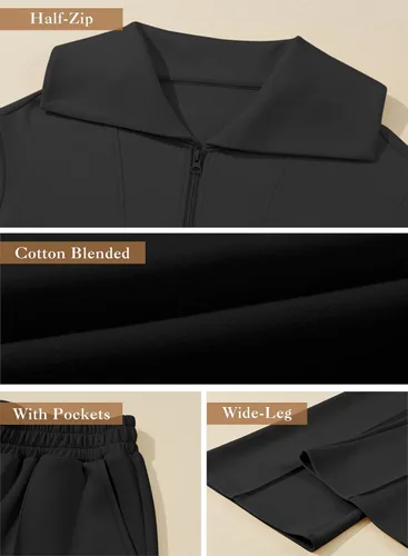 Vista 5 de Aleumdr Conjunto de dos piezas de sudadera con media cremallera para mujer, conjunto a juego con pantalón de pierna ancha
