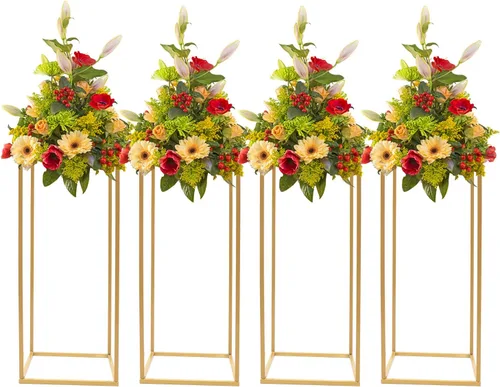 Vista 12 de 10 soportes de metal para centros de mesa de boda, jarrones de columna, soporte de flores de boda, soporte rectangular geométrico dorado