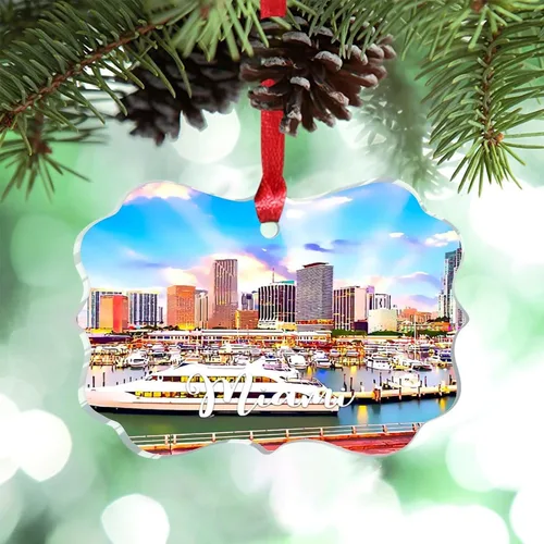 Vista 21 de Florida USA - Adornos de Navidad acrílicos de Miami, paisaje urbano, decoraciones de Navidad para árbol de viaje, recuerdo, adornos de Navidad
