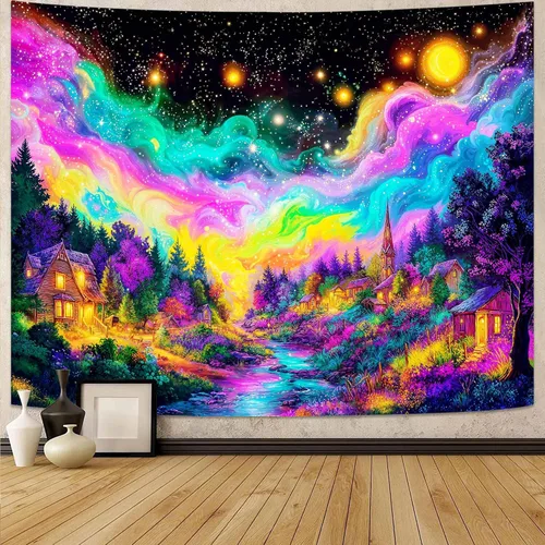 Vista 8 de Kanuyee Tapiz de luz negra de neón para colgar en la pared, bosque encantado, cascada, tapices para dormitorio, tapices UV, para colgar en la pared