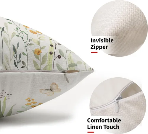Vista 2 de Kawani Fundas de almohadón lumbar florales para primavera y verano de 12x20 pulgadas, flores silvestres amarillas y hojas verdes con mariposas