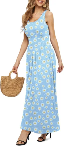 Vista 3 de LILBETTER Vestidos largos sin mangas para mujer, cintura imperio, vestidos largos casuales con bolsillos
