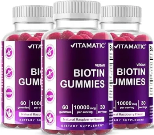 Vista 9 de Vitamatic Gomitas de biotina 10,000 mcg, 60 gomitas veganas, sabor a