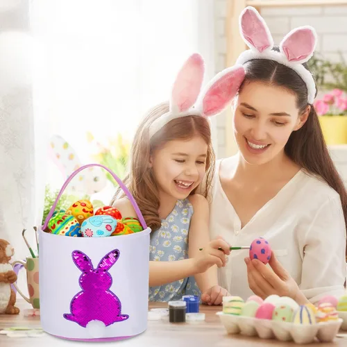 Vista 7 de Saintrygo 6 bolsas de cesta de conejo de Pascua para niños, cesta de caza de huevos de Pascua con asa, bolsas de regalo, cubo de transporte, Bright