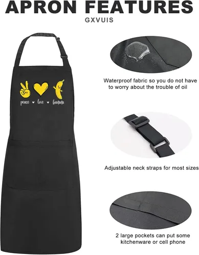 Vista 4 de Peace Love - Delantales de plátanos para mujer con 2 bolsillos, bonito gráfico de frutas, impermeable, ajustable, delantal de cocina
