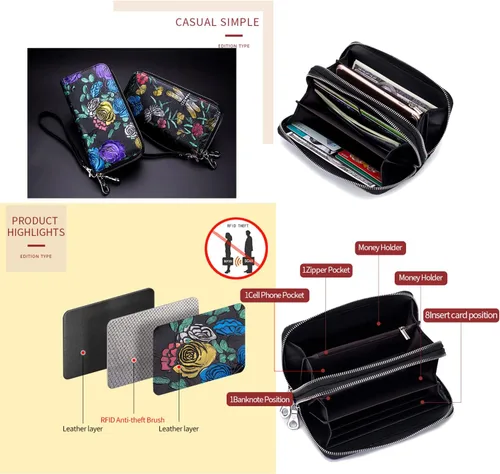 Vista 4 de WBQMUNY Cartera larga de mano con doble cremallera, cartera para teléfono celular, cartera para mujer con cremallera alrededor del tarjetero, correa