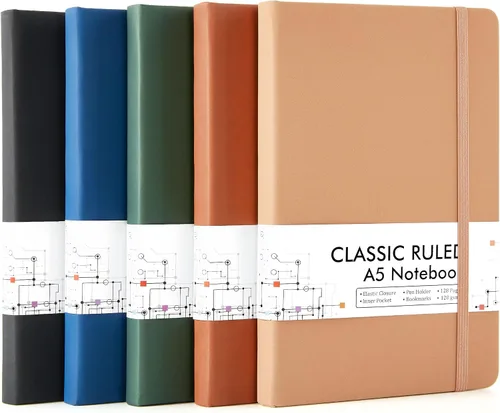 Vista 13 de feela Paquete de 5 cuadernos a granel, cuadernos de tapa dura clásicos rayados con soporte para bolígrafo para mujeres y niñas, suministros