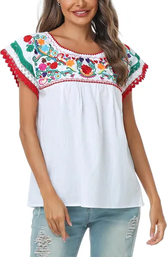 Vista 4 de YZXDORWJ Blusa tradicional colorida con encaje bordado mexicano para mujer, camiseta tricolor para el día de la independencia mexicana