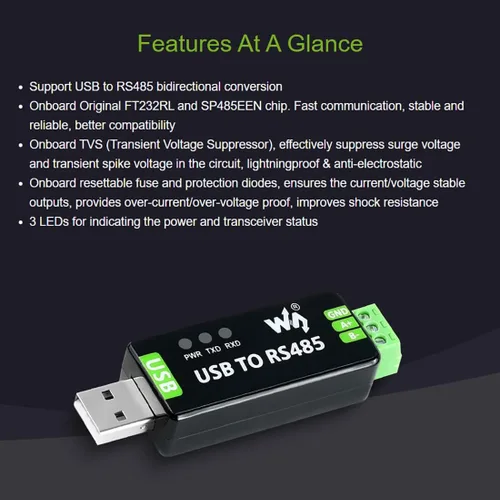 Vista 4 de Waveshare Convertidor USB a RS485 con circuitos de protección, compatible con televisores