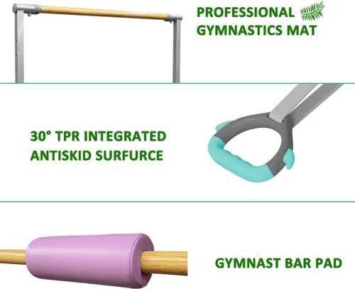 Vista 2 de Foldable Gymnastics Kip Bar with Rings & Bar Pad, 3 FT–5 FT Adjustable Horizontal Bar for Kids, 7-Level Height, 300 LBS Weight Capacity, Indoor Home