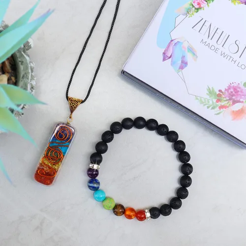 Vista 2 de 7 Chakra Necklace and Bracelet Set for women & men Orgone Healing Pendant with Adjustable Cord – Chakra Necklace and bracelet jewelry set for