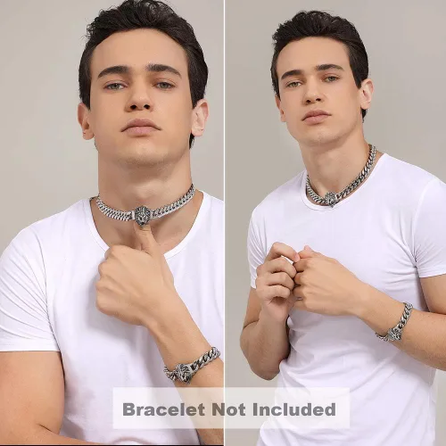 Vista 8 de Cadena de eslabones cubanos para hombre, gargantilla de león, collar de plata Hip Hop de 18 pulgadas, 20 pulgadas y pulsera de 8.5 pulgadas, juego
