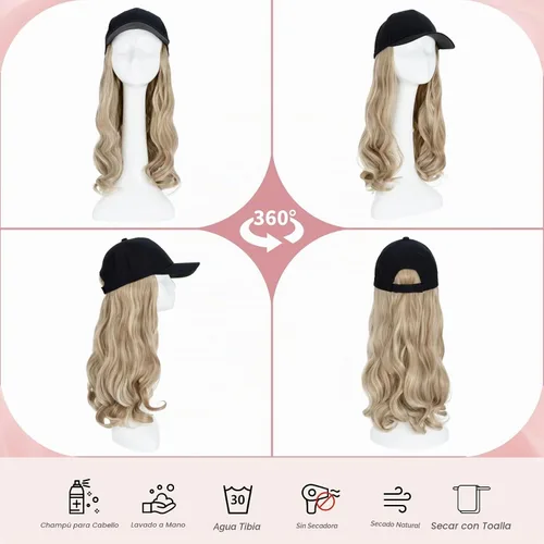 Vista 5 de SEGO - Peluca de gorra con pelo adjunto para mujer, gorra negra de béisbol con extensiones de pelo, gorra de béisbol larga y ondulada con ajuste