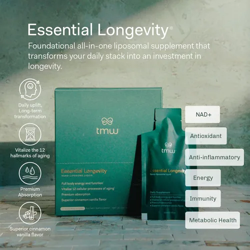 Vista 3 de Essential Longevity - Pila 100% liposomal 15 en uno. Precursor NAD+ Nicotinamida, Quercetina, C, D3, B12, glicinato de magnesio, melena de leones