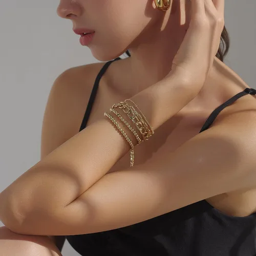 Vista 3 de Pulseras con cuentas de oro y eslabones de cadena chapadas en oro de 14 quilates para mujer, refinadas, ajustables