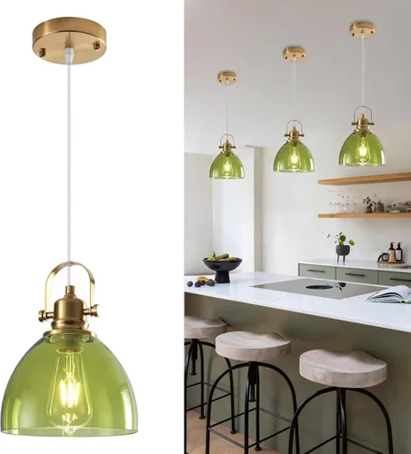 Vista 25 de Luces Colgantes de Vidrio para Isla de Cocina, 7.5 pulgadas Luces Colgantes de Vidrio Dorado 1-Paquete, Lámpara Colgante Moderna con Pantalla