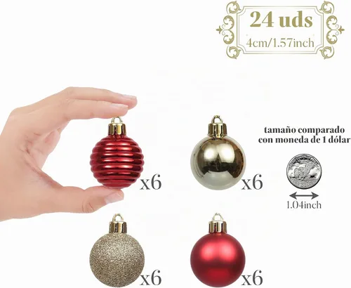 Vista 3 de Valery Madelyn Small Christmas Tree Decorations Ball Ornaments 24ct 1.57" Oro rojo