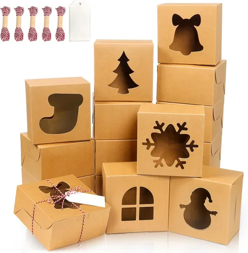 Vista 14 de 24 piezas Cajas de pastelería marrones con ventana, cajas de galletas de Navidad pequeñas de 4x4x2.5 pulgadas, cajas de regalo de Navidad