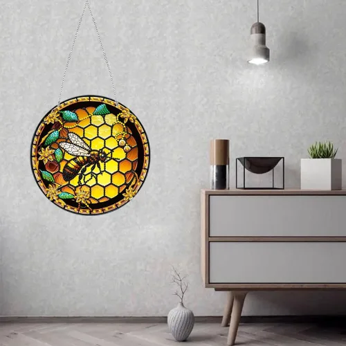 Vista 2 de Kit de pintura de diamante de abeja 5D DIY, letrero colgante de arte de pared, arte de abeja, diamante, atrapasoles, adorno colgante de ventana