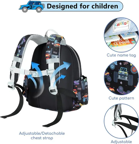 Vista 5 de CAMTOP Mochila para niños pequeños, 12 pulgadas para preescolar y guardería Vehículo negro