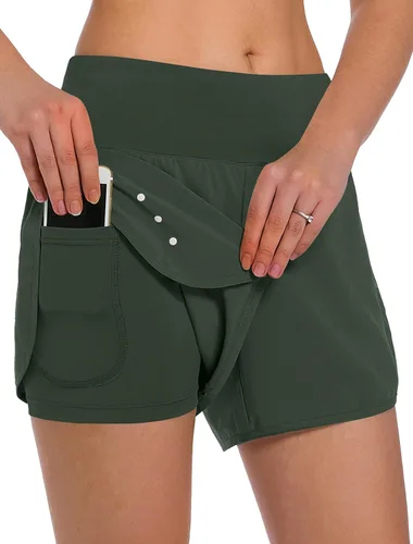 Vista 6 de Ksmien - Pantalones cortos de correr 2 en 1 para mujer, ligeros, para entrenamiento, gimnasio, yoga, forro con bolsillos para teléfono