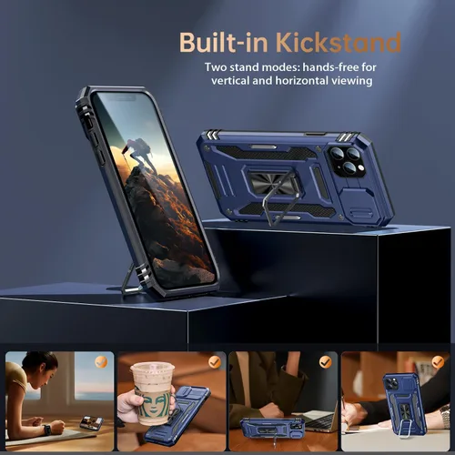 Vista 4 de MERRO Funda para iPhone 11 Pro Max con protector de pantalla, funda deslizante para cámara, funda de grado militar con soporte magnético de 6.5 Azul