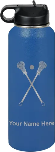Vista 24 de LaserGram Botella de agua personalizada, palitos de lacrosse, acero inoxidable de doble pared aislada al vacío con popote superior, regalo grabado