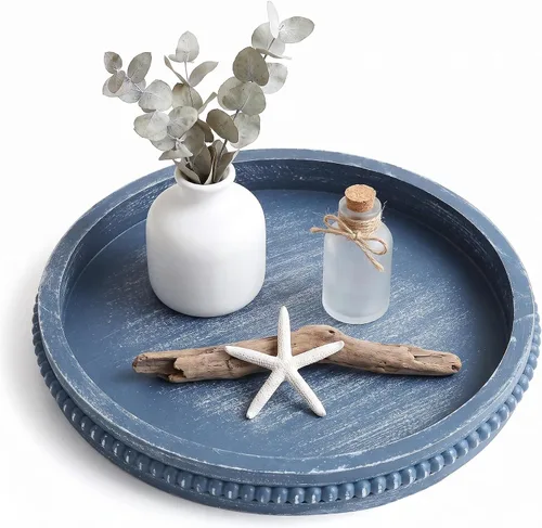 Vista 19 de Hrastany Bandeja de servir rústica de madera con cuentas, bandeja decorativa de granja marrón para centro de mesa, decoración navideña de boda