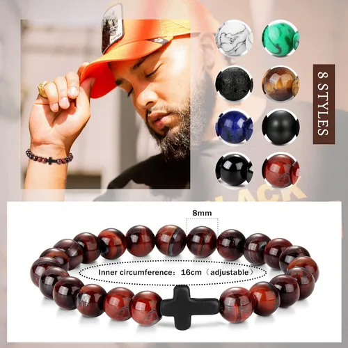 Vista 2 de sailimue 8 pulseras de cuentas cruzadas para mujeres y hombres, 0.315in, ojo de tigre, piedra de lava, piedra de roca de lava, elástica, juego
