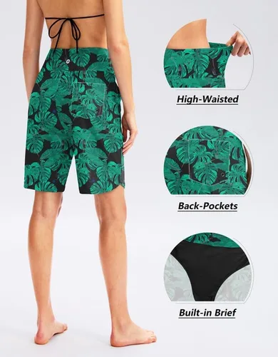 Vista 3 de Viodia Pantalones cortos de natación para mujer de 9 pulgadas de largo con bolsillos, cintura alta, trajes de baño de playa, hasta la rodilla