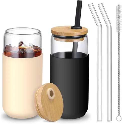 Vista 8 de Vaso de agua de vidrio de 20 onzas con funda protectora de silicona - Vasos de vidrio tipo lata de cerveza con pajita y tapa de bambú, vasos