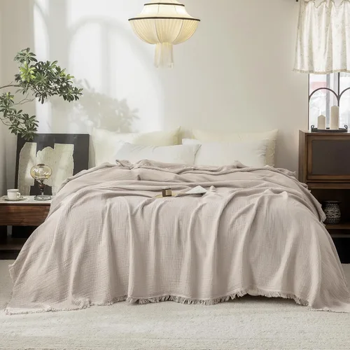 Vista 13 de FOSSA Manta de Muselina con Flecos - Gasa de Algodón 100% de 4 Capas Súper Suave y Transpirable - Manta Decorativa Ligera y Refrescante para Cama