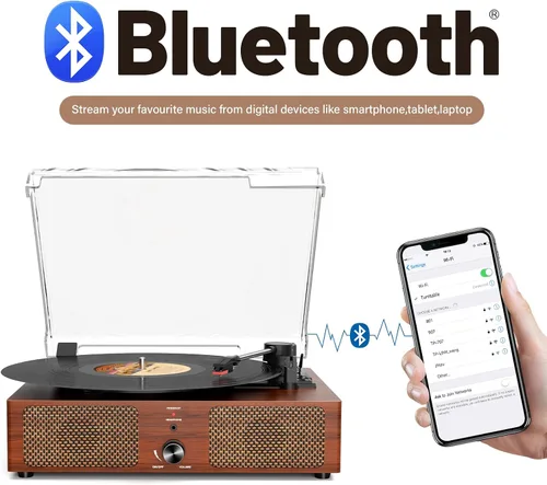 Vista 2 de Tocadiscos de vinilo con receptor Bluetooth integrado y 2 altavoces estéreo, 3 velocidades y 3 tamaños, tocadiscos retro portátil para Amarillo