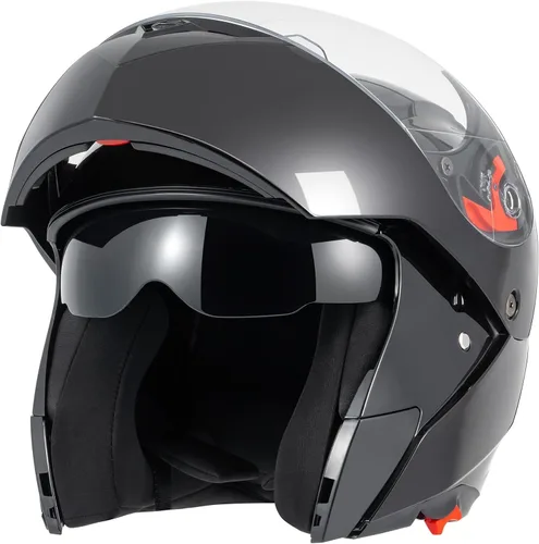 Vista 8 de DOT Approved Modular Flip-Up Dual Visor Motorcycle Full Face Helmet for Adults Men & Women with 2 Removable Visors (1 Clear + 1 Tinted)，Suitable for