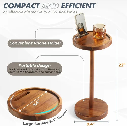Vista 2 de Mesa auxiliar de pedestal, mesa de bebida de acacia con base pesada, mesa auxiliar redonda pequeña para espacios pequeños con soporte para teléfono