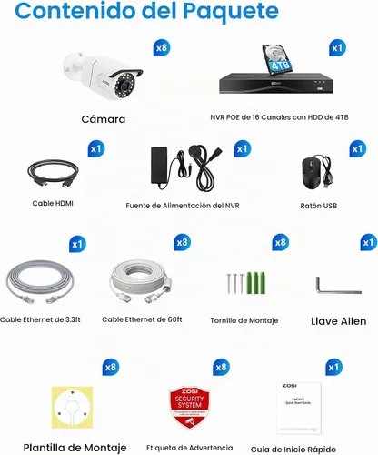 Vista 9 de ZOSI Sistema de cámara de seguridad PoE de 16CH 4K, 8X cámaras metálicas