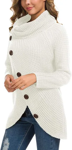 Vista 3 de GRECERELLE - Suéter de color sólido y con botones gruesos para mujer suéter de punto con cuello alto y dobladillo asimétrico