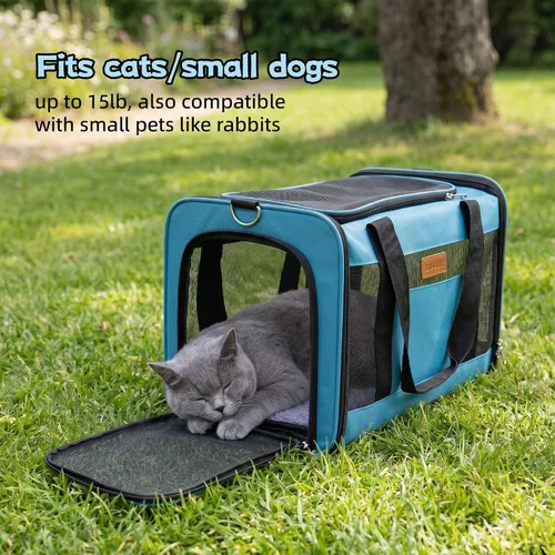 Vista 9 de YUNIQUE Transportador de gatos y perros de lados suaves para mascotas de hasta 15 libras, transportador plegable aprobado por aerolíneas con diseño