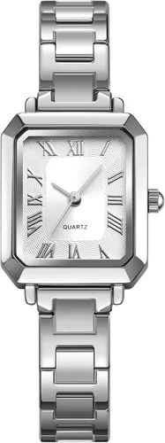 Vista 8 de BESTKANG Reloj de pulsera pequeño rectangular para mujer, reloj de cuarzo clásico, esfera de números romanos 30M, impermeable, correa de acero