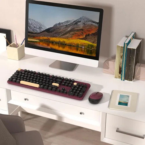 Vista 2 de Combo de teclado y mouse inalámbricos retro con reposamuñecas (rojo claret)