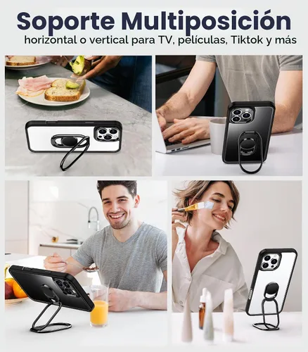 Vista 4 de Shields Up Funda para iPhone 16 Pro Max con Soporte, Funda Transparente para Teléfono con Soporte de Doble Anillo [Ajustable y Plegable] Cubierta