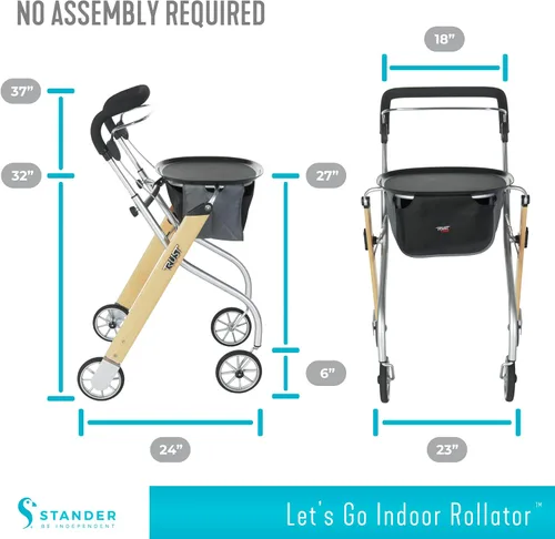 Vista 6 de Stander Let's Go - Andador para interiores, ligero de cuatro ruedas estilo europeo con bandeja, ayuda de movilidad plegable para personas mayores