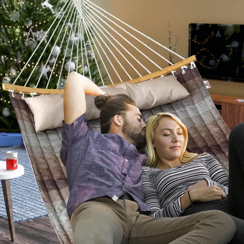 Vista 8 de Hamaca doble, hamaca de tela acolchada de 11 pies para 2 personas para exteriores con almohada, barra separadora curvada plegable, cadenas, bolsa