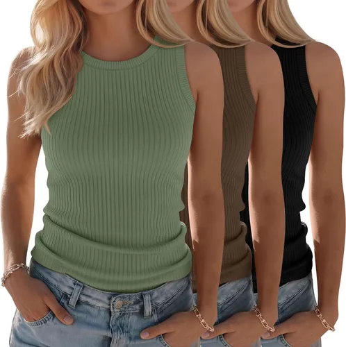 Vista 15 de Paquete de 3 camisetas sin mangas de algodón para mujer, de punto acanalado, casuales, básicas, de cuello redondo, ajustadas, de verano, con espalda